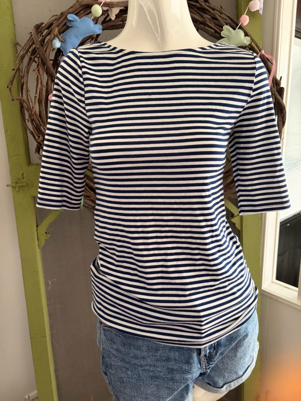 Old Navy Navy and White Striped Boatneck Short Sleeve Top